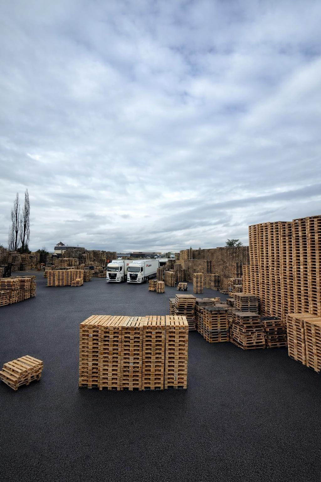 Vue aérienne du terrain DirectPAL avec stock et camions
